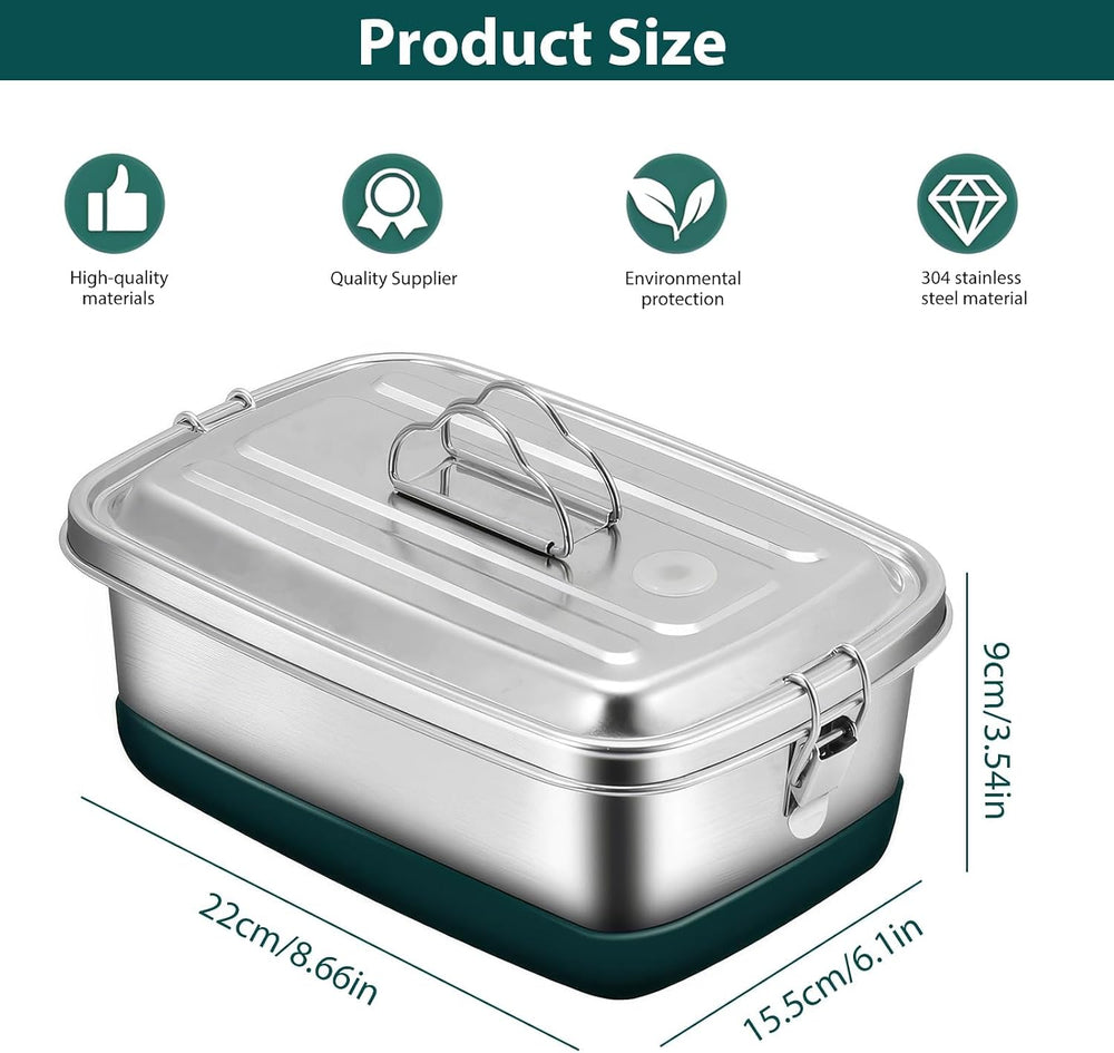 Stainless Steel Lunch Box 2L - Leakproof 2 Layers Bento Box with 3 Compartments, Portable Metal Lunchbox for Adults & Kids, Durable, Eco-Friendly, BPA-Free Food Container for School, Work, Picnic