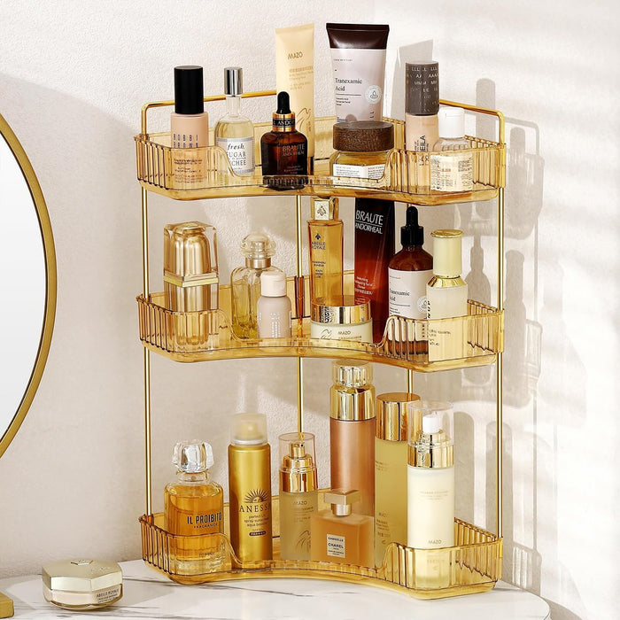HANNEA® Makeup Organizer, 3 Tier Countertop Cosmetic Shelf Skincare Organizer Stand Corner Counter Storage Holder Clear Acrylic Vanity & Bathroom Organizer Capacity for Lotion, Jewelry, Makeup