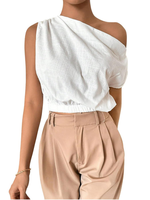 GORGLITTER Women's One Shoulder Elastic Hem Casual Ruched Elegant Blouse Tops