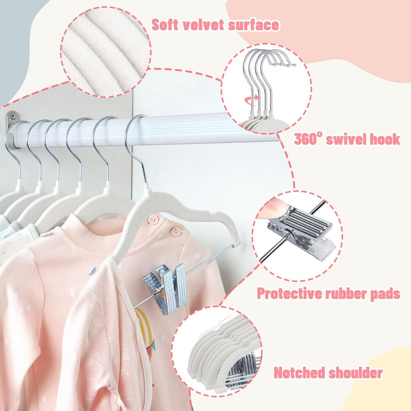 ManGotree 11.8'' Baby Velvet Hangers with Movable Clips, Non-Slip Kids Felt Hangers, Ultra-Thin Space-Saving Children's Clothes Hangers for Skirts, Pants, Dresses, Shirts, Jackets (7 Pack, Blue)