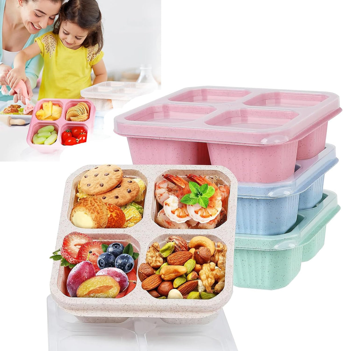 BIGTHREE 4 Pack Bento Snack Containers Set, Wheat Straw Meal Prep Lunch Box, 4 Compartment Snack Bento Boxes with Clear Lids, Microwave and Dishwasher Safe for Adults & Kids – image 1