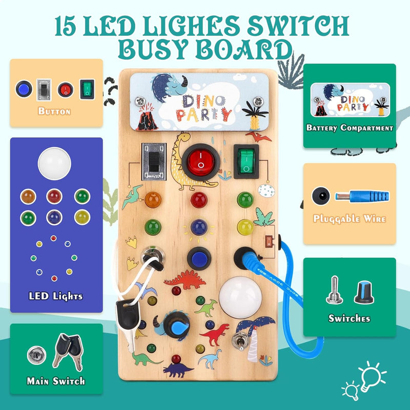 Hoarosall Montessori toys Clock Wooden Busy Board with 11 LED Light switches, Tooddler Toys Sensory Toys Travel Toys for 1+ Year Old Baby and Toddler