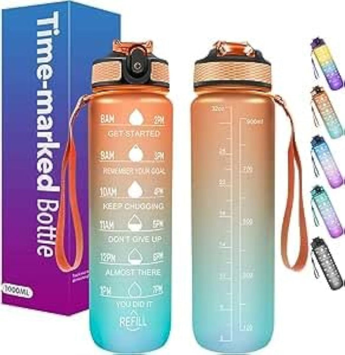 LUKSYOL Sport Water Bottle 1L with Motivational Time Marker, Straw, and Leak Proof Design - BPA-Free Tritan Plastic - Ideal for Kids, Fitness, Gym, Office, School Sports. (Pink & Blue)