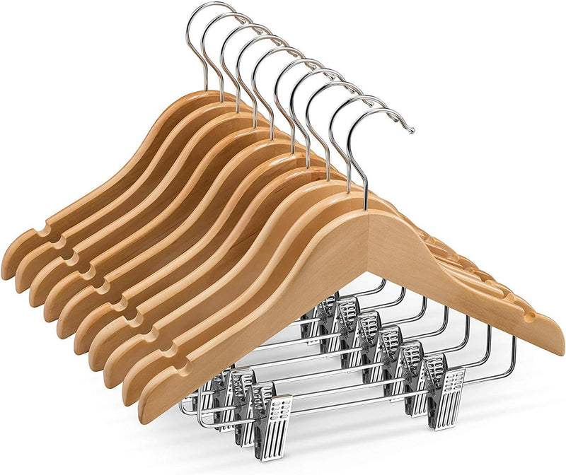 High-Grade Wooden Childrens/Kids Hangers with Clips (10 Pack) Smooth & Durable Wood Baby Hangers/Nursery Hangers - 12.5 Inch - 360° Hook & Cut Notches- Great Toddler Hanger for Dress Skirts Pants