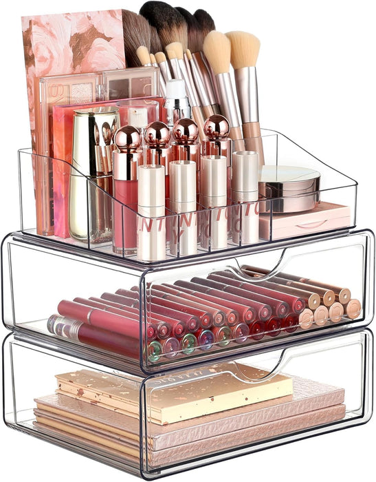 3 Tier Clear Makeup Organizer with Drawer,Cosmetic Storage for Dresser Countertop and Bathroom Vanity,Beauty Holder for Lipstick Brush Skincare (3 Tier)