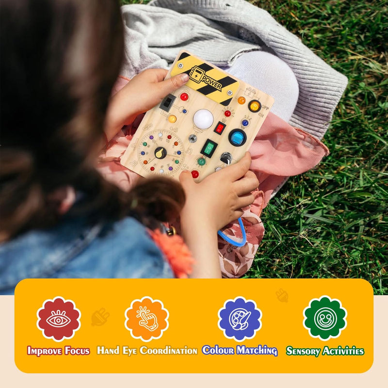 Hoarosall Montessori toys Clock Wooden Busy Board with 11 LED Light switches, Tooddler Toys Sensory Toys Travel Toys for 1+ Year Old Baby and Toddler