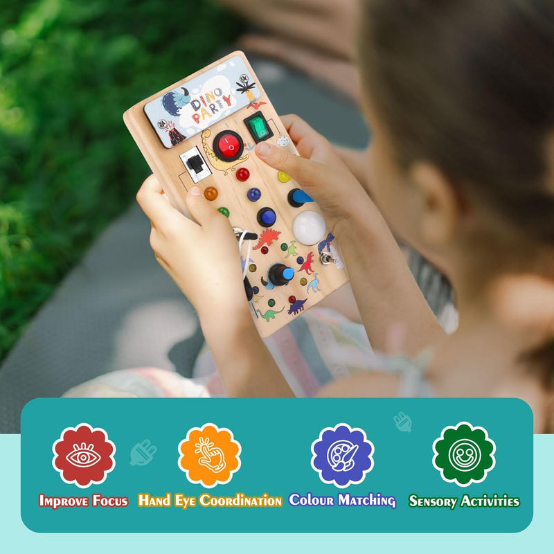 Hoarosall Montessori toys Clock Wooden Busy Board with 11 LED Light switches, Tooddler Toys Sensory Toys Travel Toys for 1+ Year Old Baby and Toddler