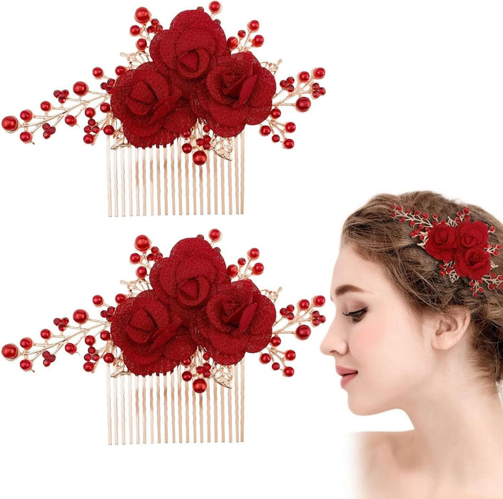 2 Pcs Red Hair Accessories, Gold Rose Bridal Side Combs Floral Rhinestone Pearl Vintage Decorative Crystal Emerald Headpiece Wedding Sparkly Accessory for Women
