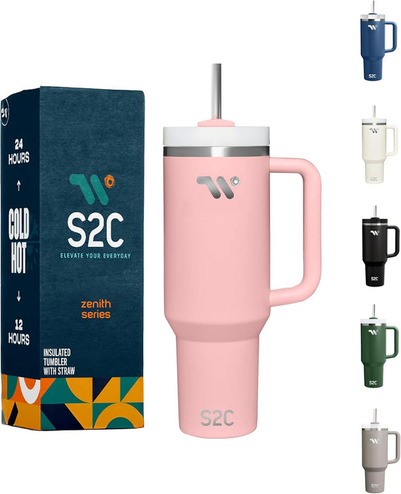 S2C 40oz Stainless Steel Tumbler with Handle & Straw – Double Wall Vacuum Insulated Mug – Leakproof, BPA-Free, Keeps Drinks Hot & Cold – Ideal for Office, Gym, Travel – Fits Car Cup Holder–(Blue)