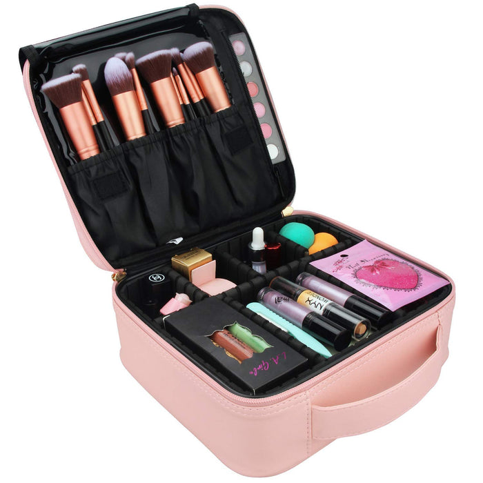 AMERTEER Travel Makeup Case - Portable Travel Makeup Cosmetic Case Organizer Artist Storage Bag With Adjustable Dividers For Cosmetics Makeup Brushes Toiletry Jewelry Digital Accessories (PINK)