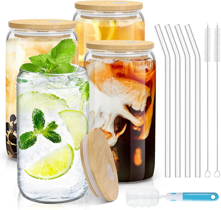Yoawllty 4 PCS Glass Cups, Drinking Glasses with Bamboo Lids and Glass Straw, 16oz Can Shaped Glass Cups, Cocktail Glasses, Iced Coffee Glass, Cute Tumbler Cup