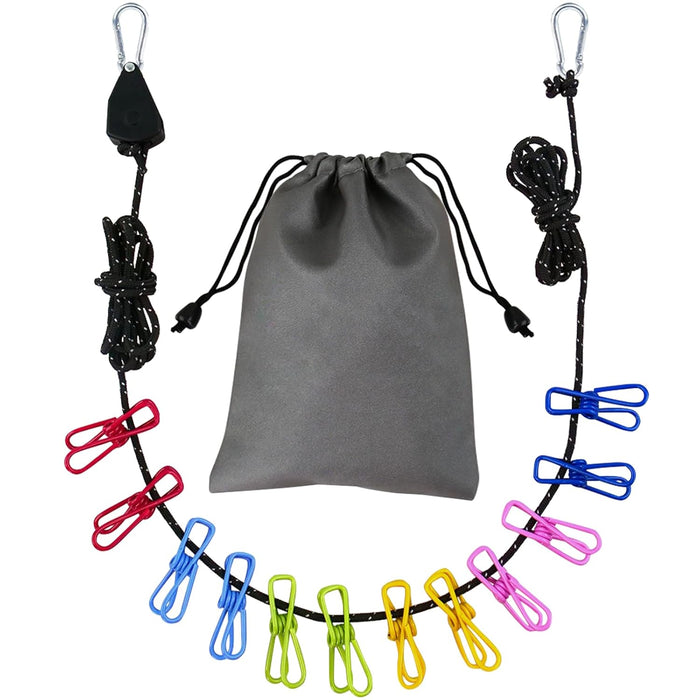 Dapsang Portable Travel Clothesline 4m/13ft, Adjustable Camping Clothesline with Pulley 12 Clothespins, Reflective Windproof Non-Sagging Clotheslines for Outside Backyard, Balcony, Cruise Drying