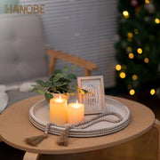 Hanobe Decorative Serving Tray Wood: White Washed Bead Round Tray Decor for Coffee Table Rustic Wooden Trays Farmhouse Centerpiece for Living Room Kitchen Counter