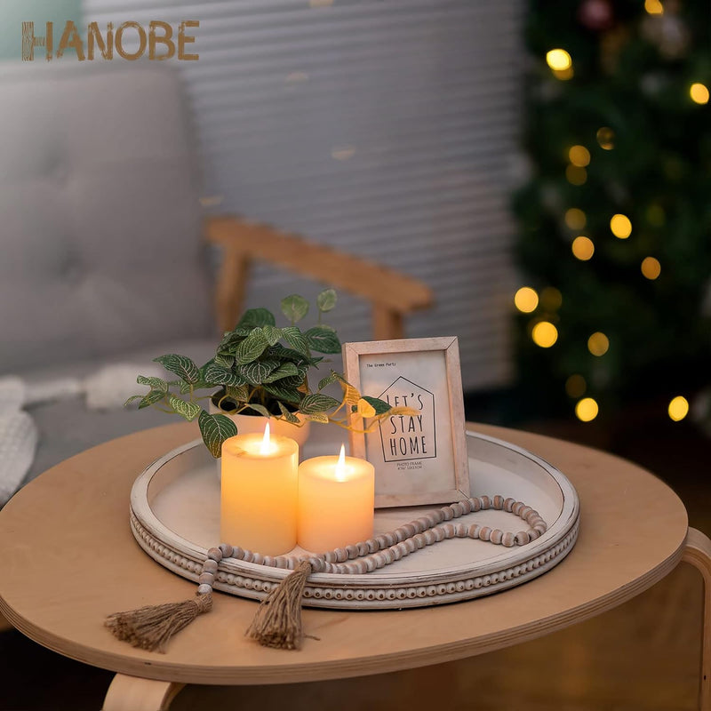 Hanobe Decorative Serving Tray Wood: White Washed Bead Round Tray Decor for Coffee Table Rustic Wooden Trays Farmhouse Centerpiece for Living Room Kitchen Counter