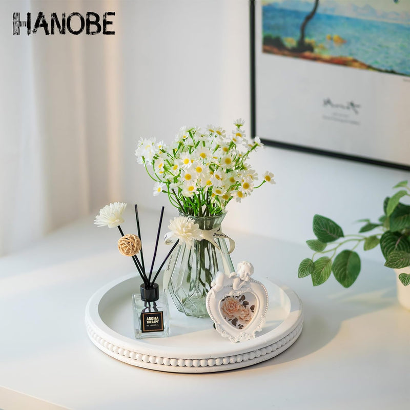 Hanobe Decorative Serving Tray Wood: White Washed Bead Round Tray Decor for Coffee Table Rustic Wooden Trays Farmhouse Centerpiece for Living Room Kitchen Counter