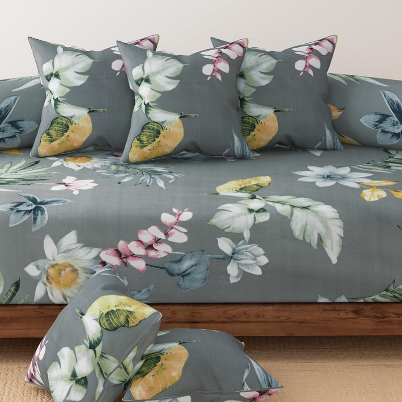 HOKIPO Cotton Feel Brushed Microfiber 145 GSM Printed 8 Pcs Diwan Set with 1 Bedsheet 60x90 Inches|2 Bolster Covers 20x27 Inches|5 Pillow Covers 16 Inches (D5-IN-778), Multicolor