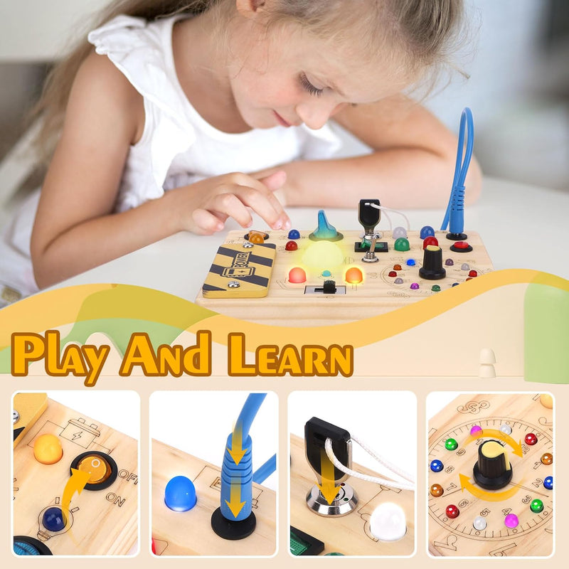 Hoarosall Montessori toys Clock Wooden Busy Board with 11 LED Light switches, Tooddler Toys Sensory Toys Travel Toys for 1+ Year Old Baby and Toddler