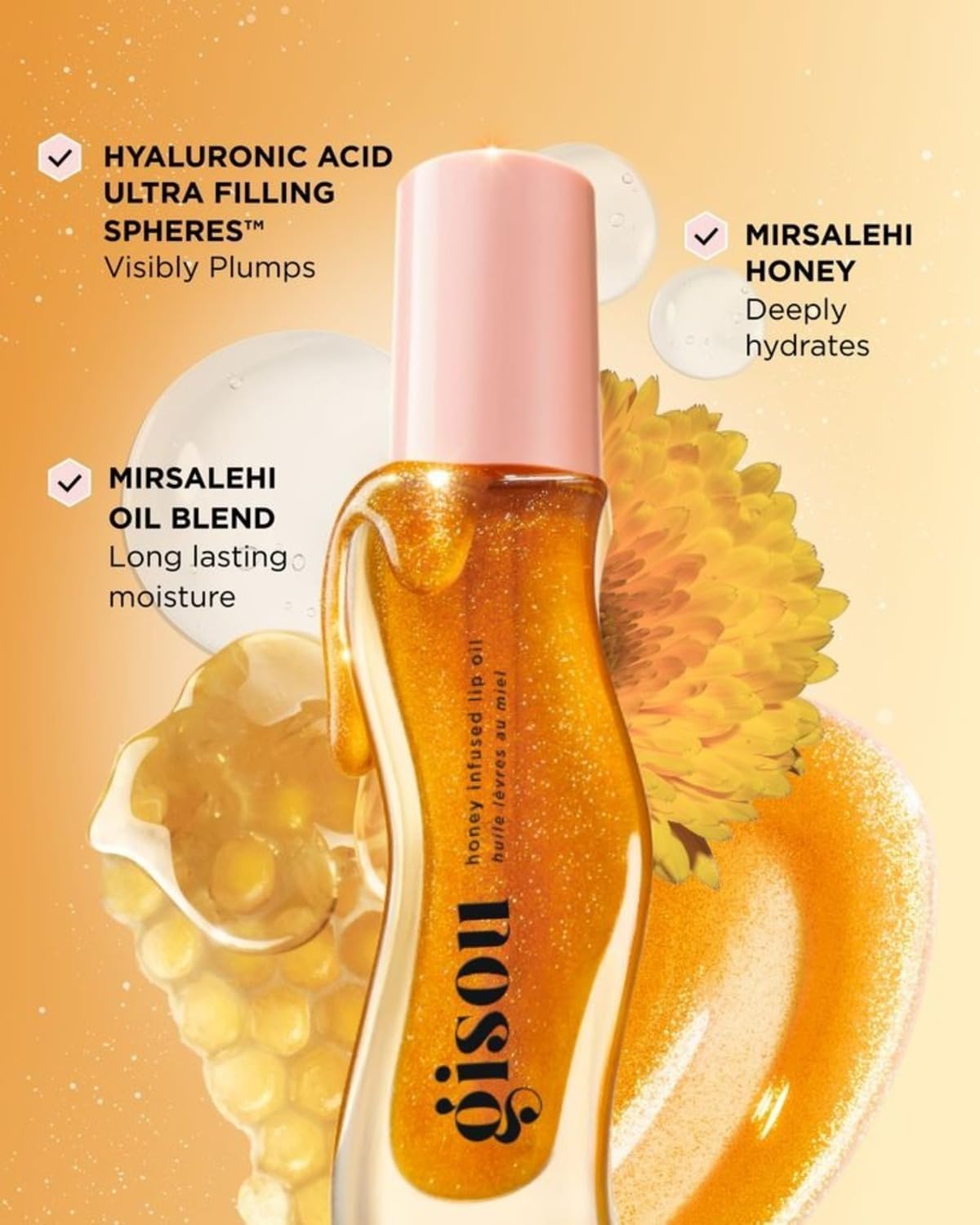 Gisou Golden Shimmer Glow Honey Infused Lip Oil - Hydrating, Nourishing, and Naturally Enhancing Formula for Luxurious Lips 0.27 oz 8 ml – image 3