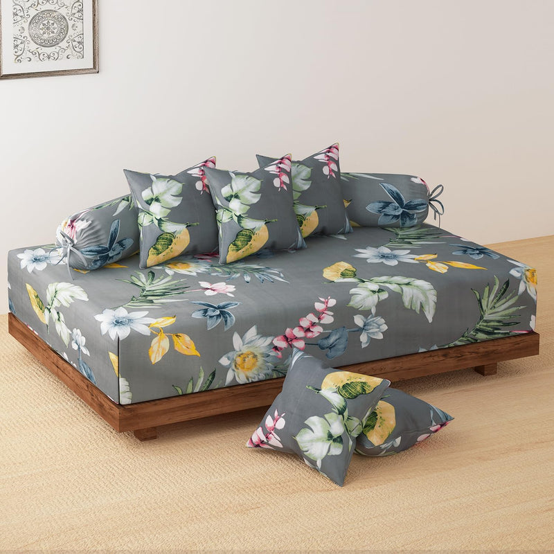 HOKIPO Cotton Feel Brushed Microfiber 145 GSM Printed 8 Pcs Diwan Set with 1 Bedsheet 60x90 Inches|2 Bolster Covers 20x27 Inches|5 Pillow Covers 16 Inches (D5-IN-778), Multicolor
