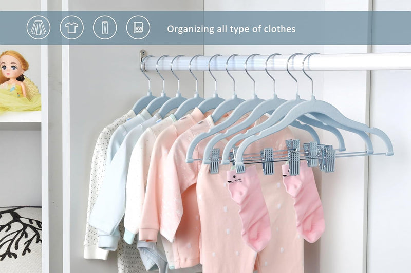 ManGotree 11.8'' Baby Velvet Hangers with Movable Clips, Non-Slip Kids Felt Hangers, Ultra-Thin Space-Saving Children's Clothes Hangers for Skirts, Pants, Dresses, Shirts, Jackets (7 Pack, Blue)