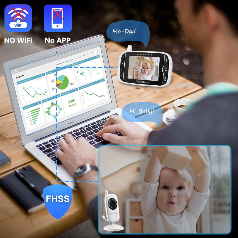 HelloBaby Baby Monitor Camera and Audio, 3.2 Inch Video Baby Monitor No WiFi,2-Way Talk, AUTO Night Vision, VOX Sound Activated Screen, Temperature Monitoring, 8 Lullabies and 1000ft Range,8 Languages