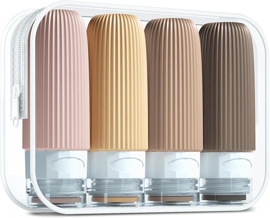 ikeoat Travel Bottles for Toiletries, 100ml Portable Travel Bottles, BPA Free Leak Proof Squeezable Silicone Travel Size Containers, Travel Accessories with Clear Toiletry Bag (4 Pack)