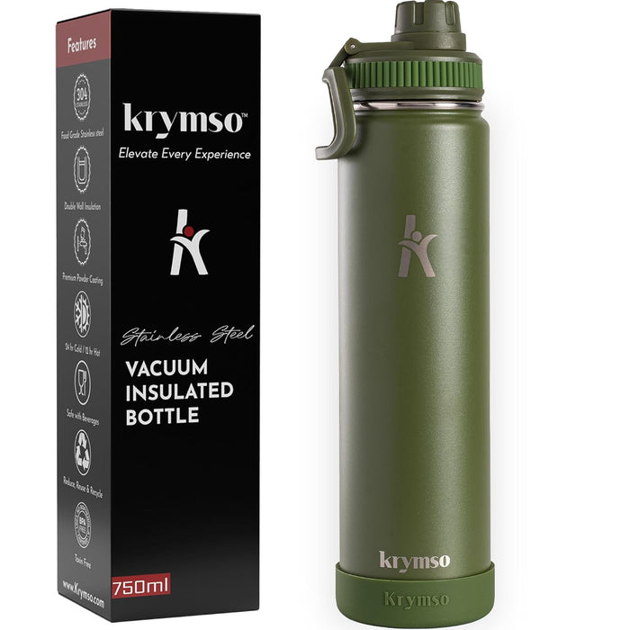 KRYMSO, 750ml Stainless Steel Water Bottle, Double Wall Insulated Water Bottle, Leak Proof, BPA Free, Silicone Boot, Thermos Bottle, Cold Hot Bottle for Kids, School, Gym (Forest Green)