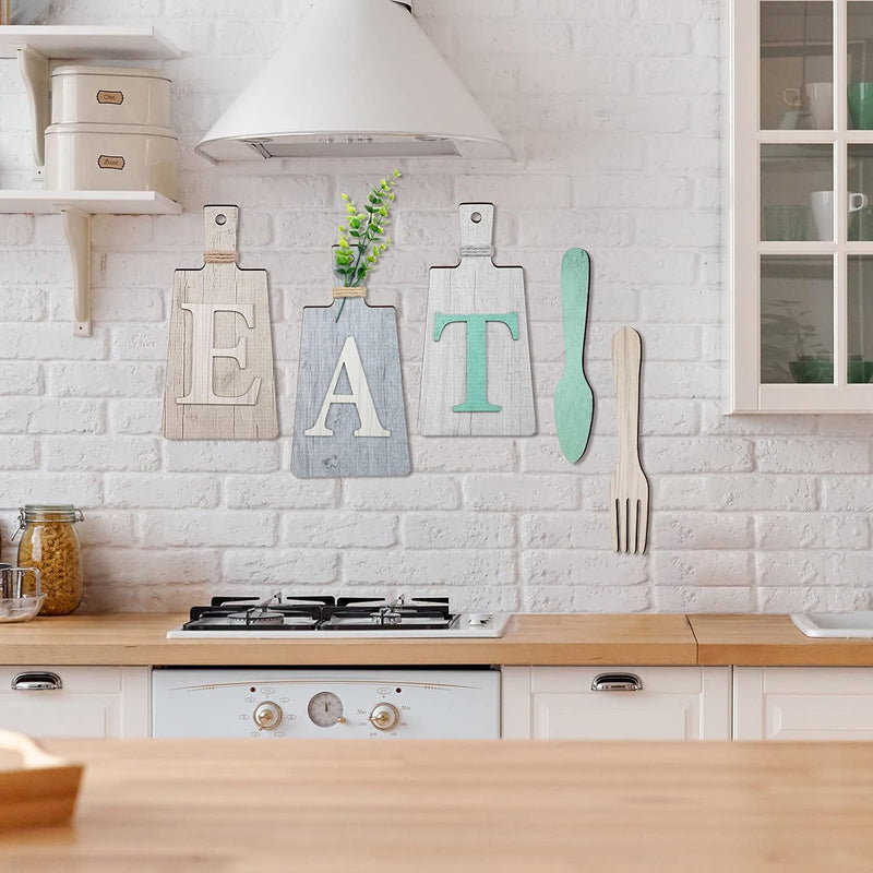 Jetec Cutting Board Eat Sign Set Hanging Art Kitchen Fork and Spoon Wall Decor Rustic Primitive Country Farmhouse for Home Decoration ()