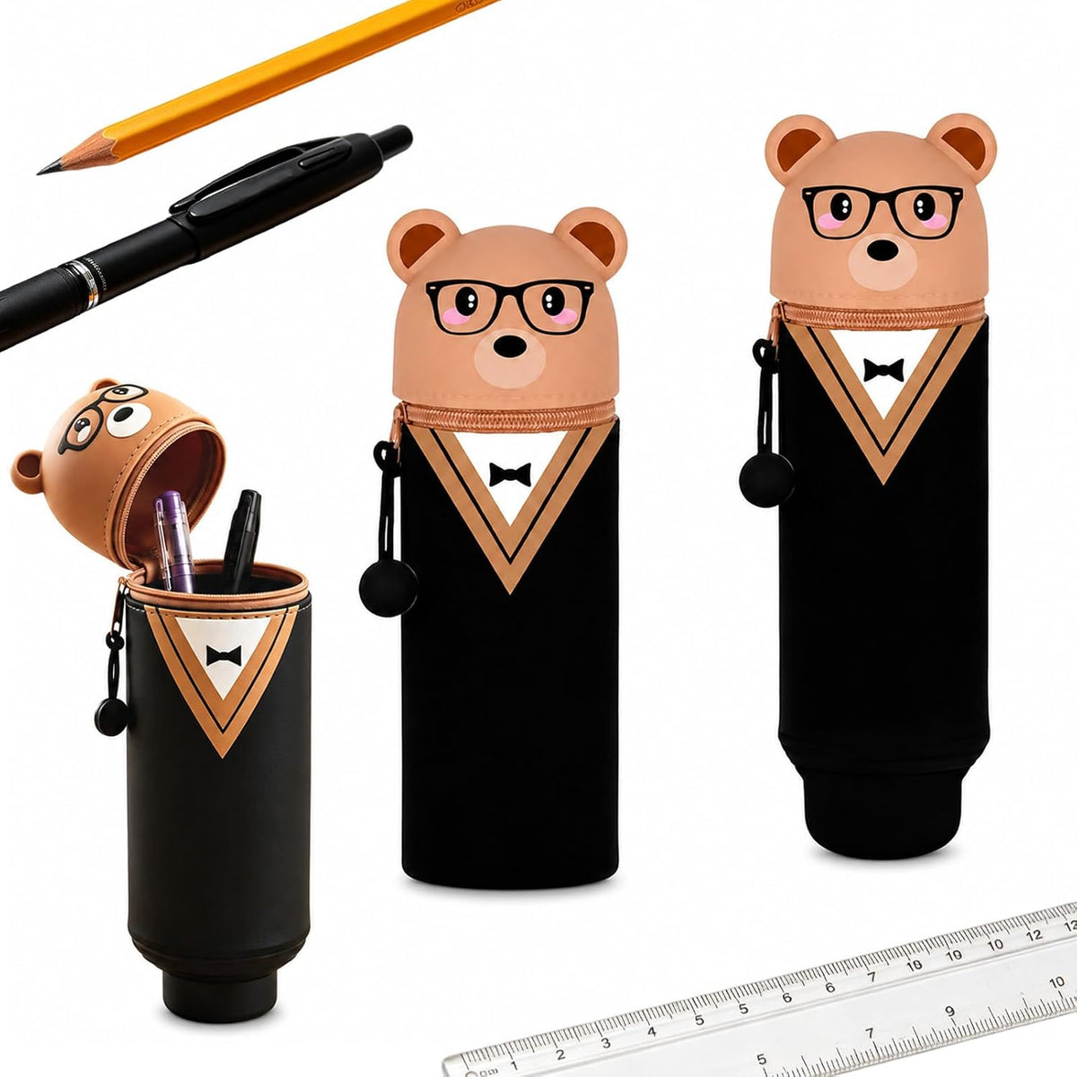 Kawaii Pencil Case 2 in 1 Retractable Pencil Pouch, Silicone Pencil Case with Stand Up Pen Holder, Cute Stationery Organizer Pouch (Bear) – image 2