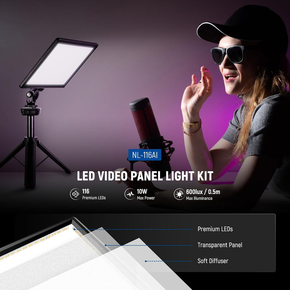 NEEWER NL-116AI 9" LED Video Light Panel, Camera Lighting with Desk Tripod – image 2