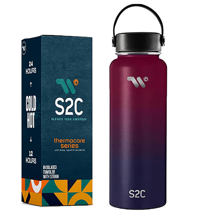 S2C 1200ML Insulated Water Bottle with 3 Lids, Double Wall,Leak Proof, Stainless Steet Straw Water Bottle For Gym, Thermos Flask for Hot Water (DARK RAINBOW)