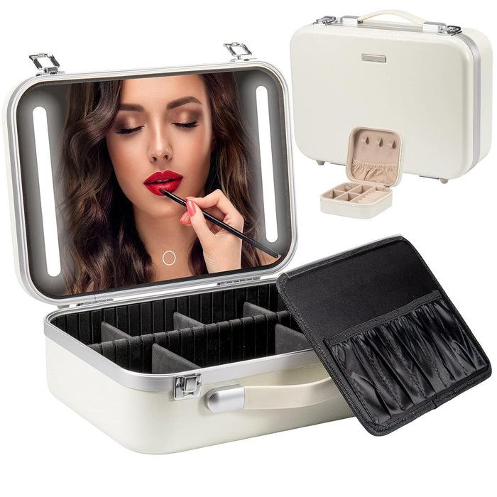 NALACAL Makeup Travel Lighted Case with Large LED Light Mirror Coetic Bag Organizer Professional Adjustable Divider Storage, Waterproof Portable Make up Train Box Accessories And Tools Case (White)