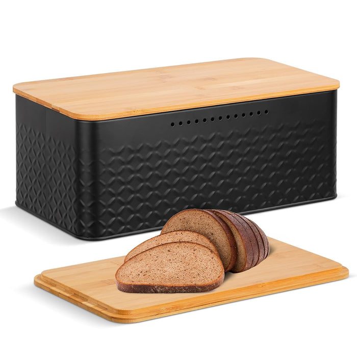 Worephu Bread Bin Bread Storage Box with Bamboo Lid, Black Bread Storage Container Bin, for Kitchen Countertop Organizer (Black)