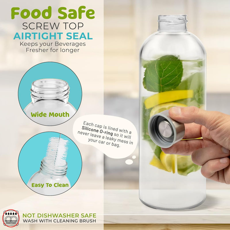 HOOJO® 1L Glass Water Bottles – Set of 3 Reusable 32oz Bottles with Leakproof Stainless Steel Lids – Durable Clear Glass for Juice, Tea, Milk, Smoothies & Hot or Cold Beverages