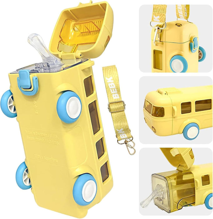ALMEKAQUZ Bus Water Bottle for Kids,16.9oz/500ml Car Water Cup with Straw and Strap,Leakproof Plastic Drinking Jug with Movable Wheels for Boys School Sports Camping Picnic Hiking Travel Gift - Yellow