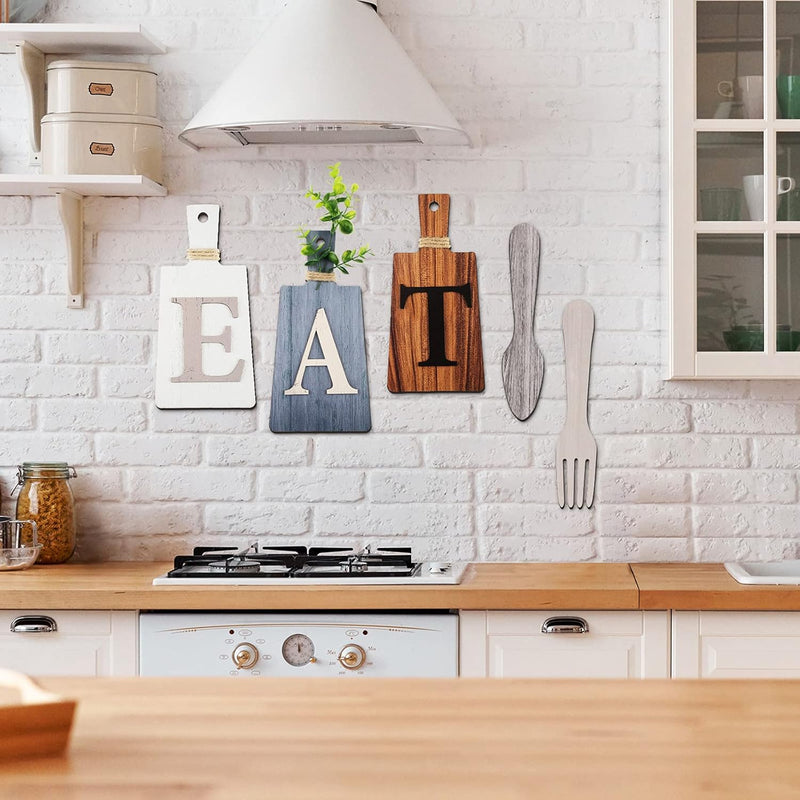 Jetec Cutting Board Eat Sign Set Hanging Art Kitchen Fork and Spoon Wall Decor Rustic Primitive Country Farmhouse for Home Decoration ()
