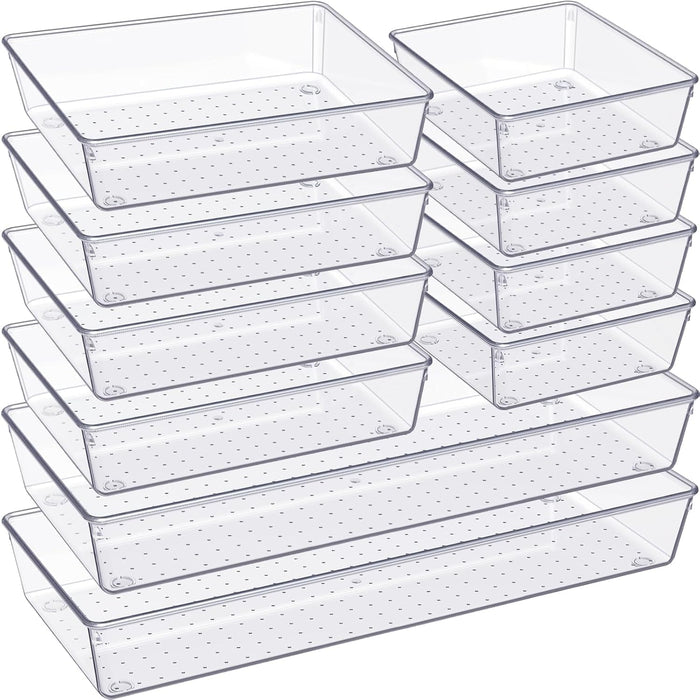 Purfex 10 Pack Drawer Organiser Trays, Large Clear Plastic Drawer Organizers Set 3 Size for Bathroom ,Vanity, Storage Bins ,Makeup, Bedroom, Kitchen Cupboard, Gadgets & Utensils