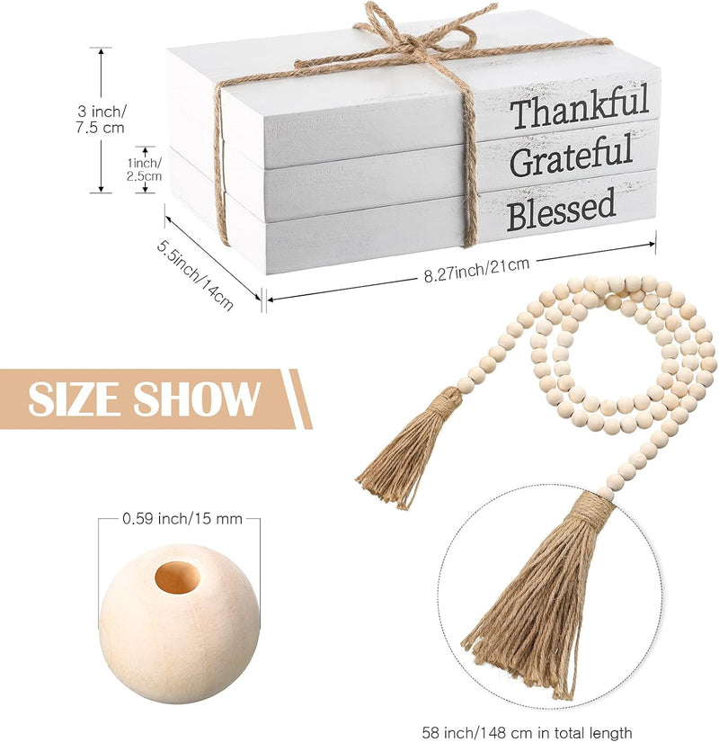 Jetec 3 Pcs Decorative White Faux Books for Home Decor - Farmhouse Stacked Display With Wood Bead Tassels for Coffee Tables, 58 in (Thankful, Grateful, Blessed)