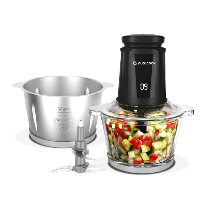 Nutricook 2+2 L XXXL Glass & SS Chopper and Mincer,500W - Pulse & 2 speeds, 2-Removable 4 SS -Blade for Chopping, Ice Crushing, Meat Mincing, Grinding, Pureeing & more - BLk, 2 Yr Warranty,NC-CH2000