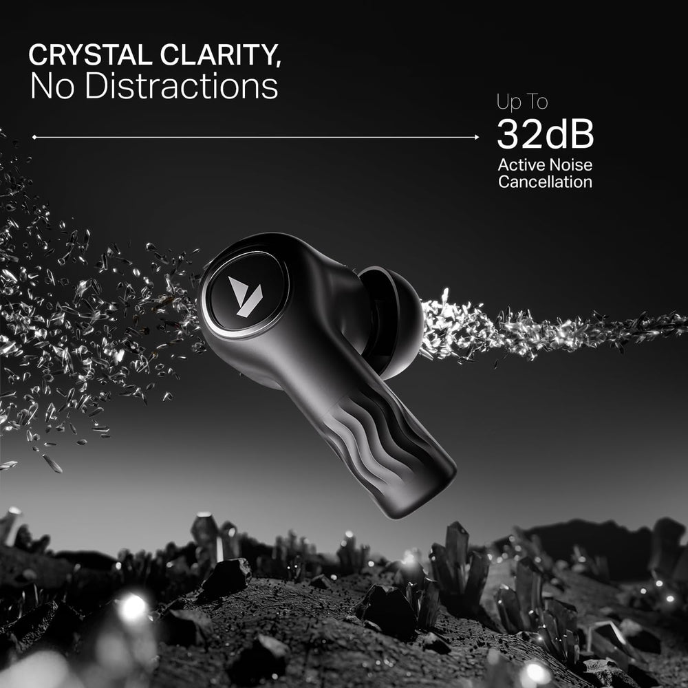 boAt New Launch Nirvana Crystl, Transparent Case,Spatial Audio, ANC(32dB), 100Hrs Battery,4Mics ENx, Dual Pair,App Support, Bluetooth Earbuds, TWS Ear Buds Wireless Earphones with mic (Quantum Black)