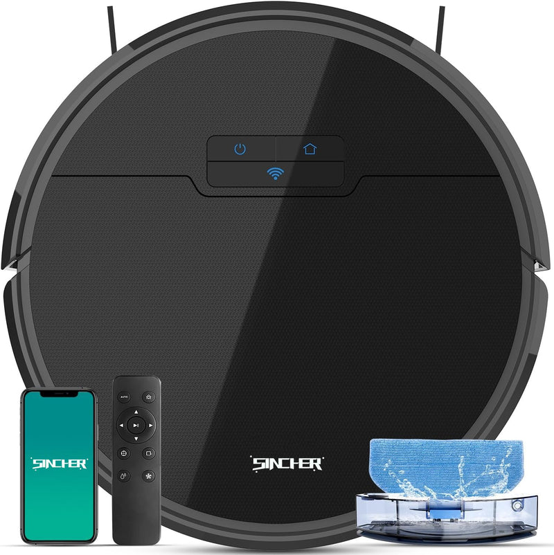 SINCHER Robot Vacuum Cleaner with Mop Function, 6300Pa Strong Suction Power Vacuum Cleaner Robot, 120 Min Runtime & Self-Charging, WiFi, 2-in-1, Ideal for Pet Hair, Carpet