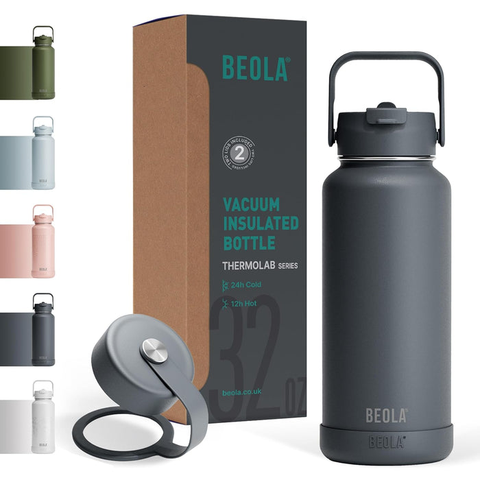 BEOLA 950ml Water Bottle 18/8 Stainless Steel 304 Double Wall Insulated Thermos Bottle with Straw Lid and wide mouth, 2 lids included, Hot Cold Liquids Sports Bottle, 32oz
