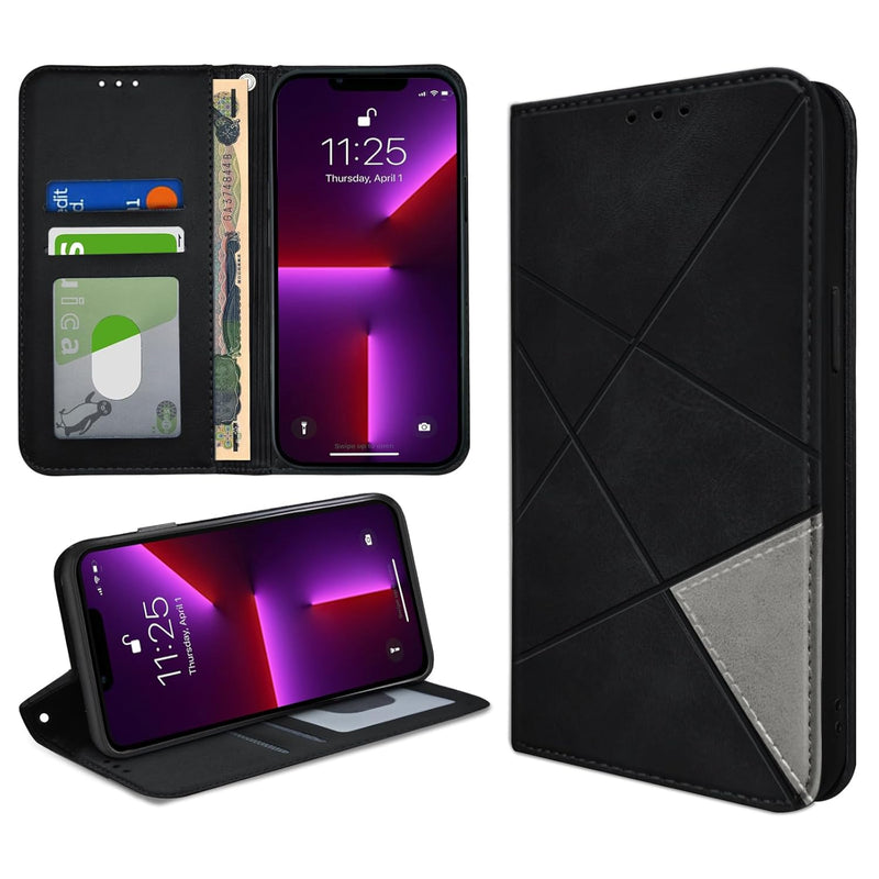 bjnosdv iPhone 13 Pro Case Premium PU Leather Wallet Case 2 Card Holder Shockproof Flip Cover with Kickstand Function Hidden Magnetic Adsorption Flip Wallet Case - Black