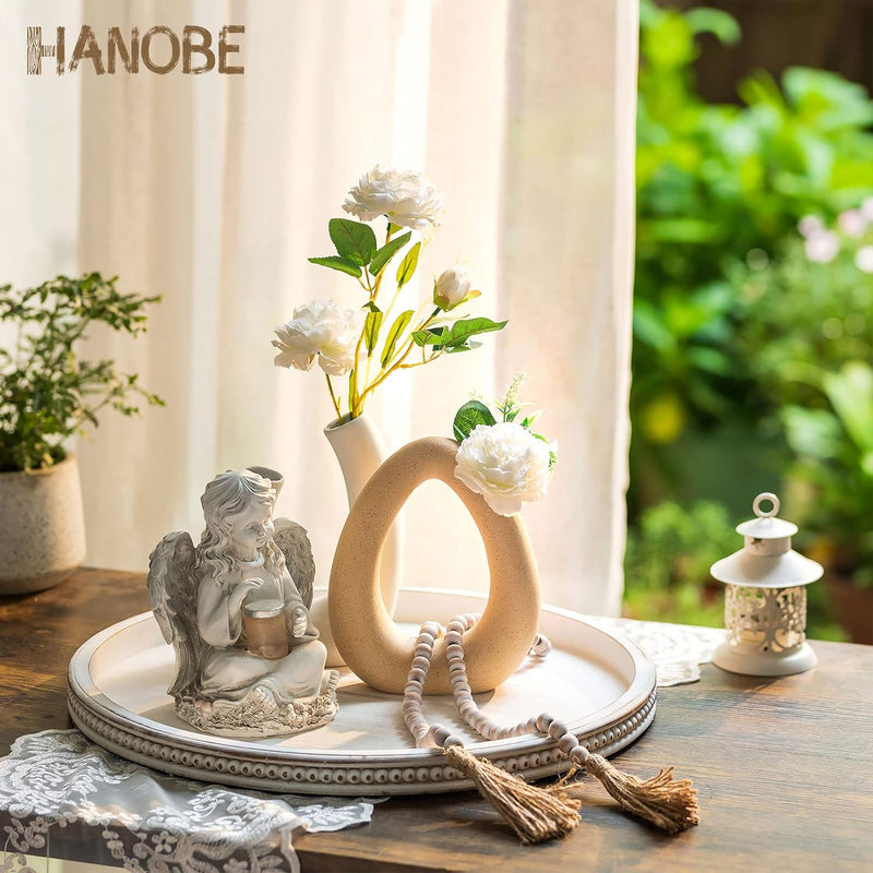 Hanobe Decorative Serving Tray Wood: White Washed Bead Round Tray Decor for Coffee Table Rustic Wooden Trays Farmhouse Centerpiece for Living Room Kitchen Counter
