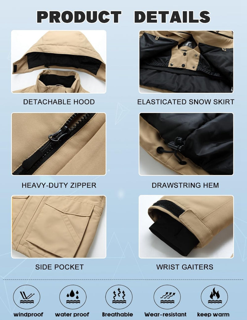 HOUZONIY Men's Ski Suit Snowsuit Breathable Windproof Snow Trousers Snow Jacket with Removable Hood for Skiing Snowboarding Ski Suit