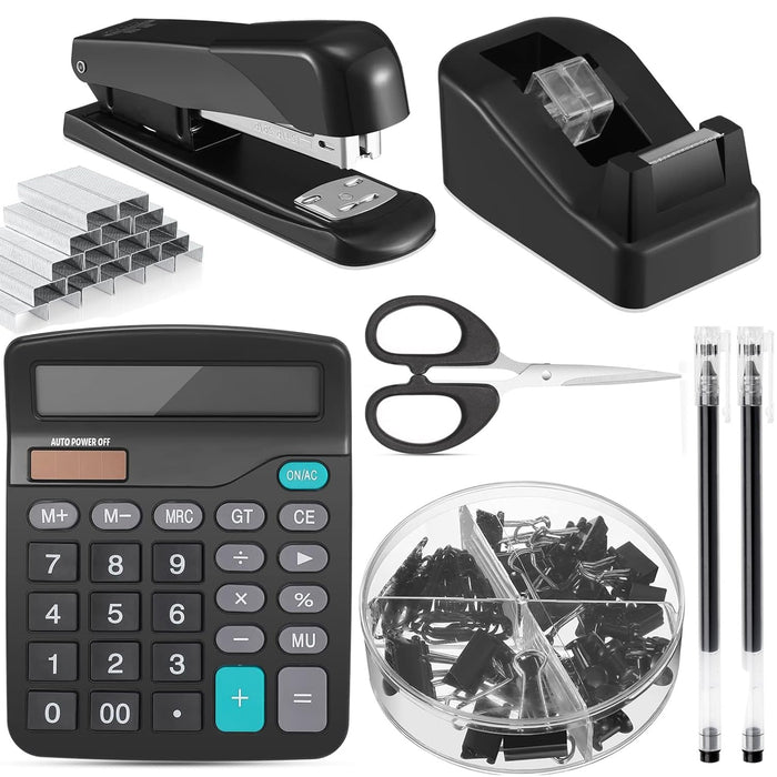 Angju Office Supplies,7 Set Desk Accessory Kit Include Stapler Tape Dispenser Pen Binder Clips Paper Clips Scissor and Calculator for Students and Office Clerks