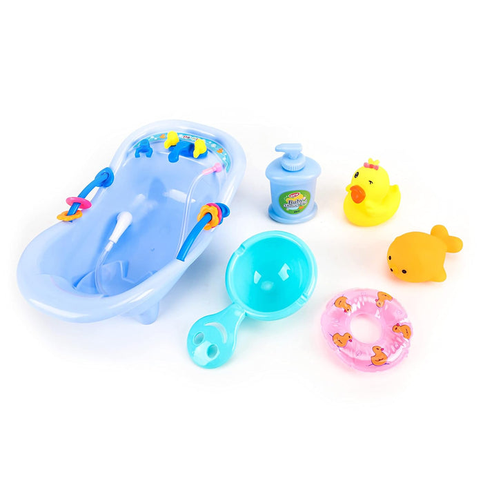 The Moon Brand Bath Buddies for Toddlers – 6Pcs PretendPlay Sea Life Toys w/ Mini Duck, Fish, Bathtub – Soft Kids Toys for Bathing Doll & Imaginative Play – Girl and Boy Baby Pool Accessories - Blue