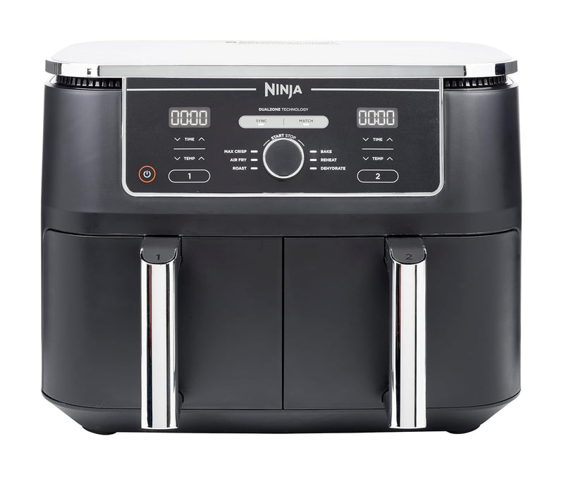 Ninja Foodi MAX Dual Zone Digital Air Fryer, 2 Drawers, 9.5L, 6-in-1, Uses No Oil, Air Fry, Max Crisp, Roast, Bake, Reheat, Dehydrate, Cook 8 Portions, Non-Stick Dishwasher Safe Baskets, Black AF400ME