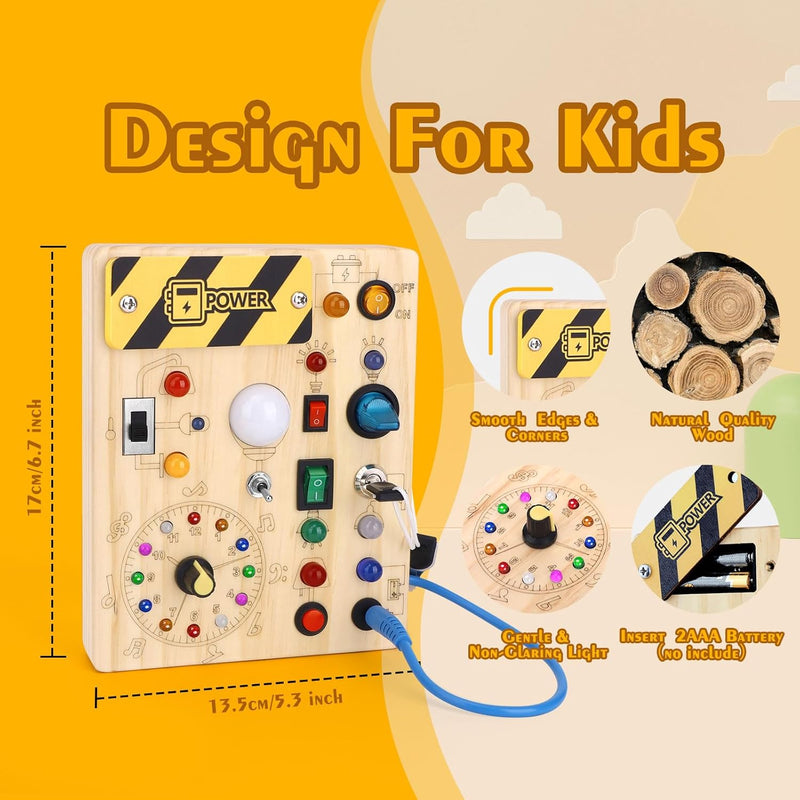 Hoarosall Montessori toys Clock Wooden Busy Board with 11 LED Light switches, Tooddler Toys Sensory Toys Travel Toys for 1+ Year Old Baby and Toddler