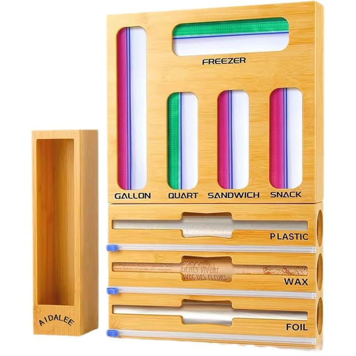 AIDALEE Storage Bag Organizer, Foil and plastic Wrap Dispenser with Cutter, Kitchen Organizers and Storage Compatible with Gallon, Quart, Sandwich, Snack Bags and 12" Aluminum Foil & Wax Paper